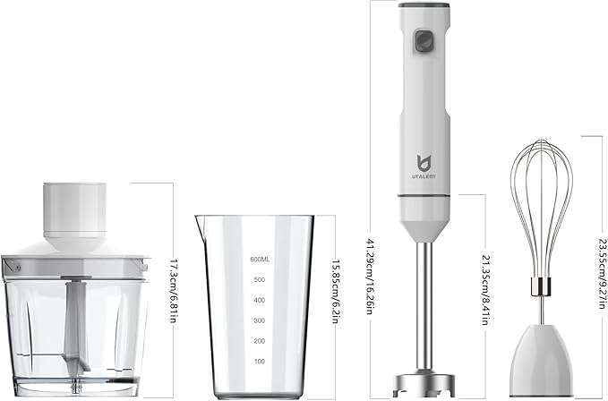 Cordless Hand Blender, UTALENT Variable Speed Immersion Blender Rechargeable, with 500ml Chopper, 600ml container, Egg Whisk, for Smoothies, Baby Food and Soups – White
