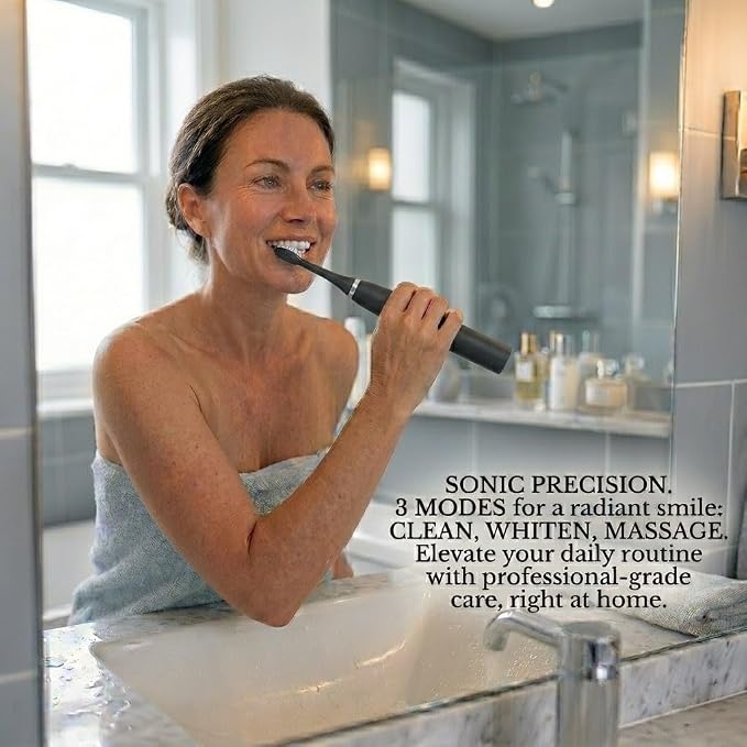 Sonic Electric Toothbrush for Adults, Rechargeable Power Toothbrush with 5 Replacement Heads, Travel Case, 3 Modes, 2 Minute Timer, IPX7 Waterproof Cordless Electric Toothbrush | Black