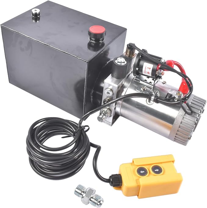 12V DC Hydraulic Pump Power Unit, 0.91 GPM Flow Rate, 8 Quart Metal Reservoir, Single Acting, 3200 PSI Max Pressure, SAE #6 Ports for Dump Trailers, Car Lifts, DIY Hydraulic Systems