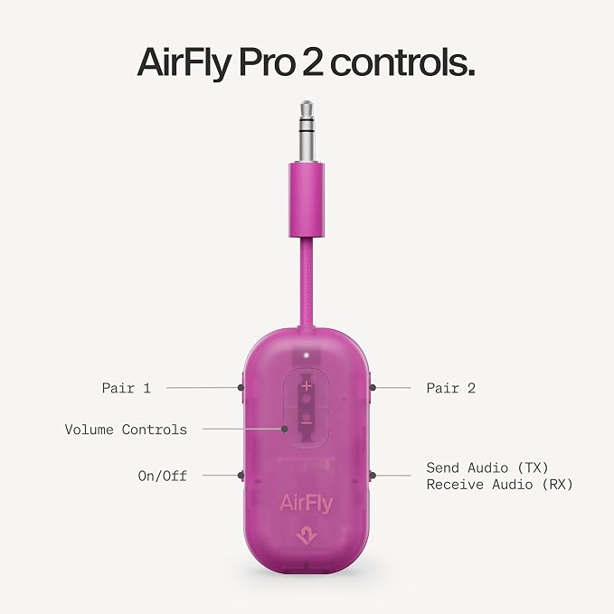 AirFly Pro 2 – Bluetooth Adapter for Airplane, Pair 2 AirPods or Wireless Headphones – 3.5mm AUX Bluetooth Transmitter for Cars, Boats, Treadmills, TVs– Airplane Travel Essentials, Fuchsia Ice