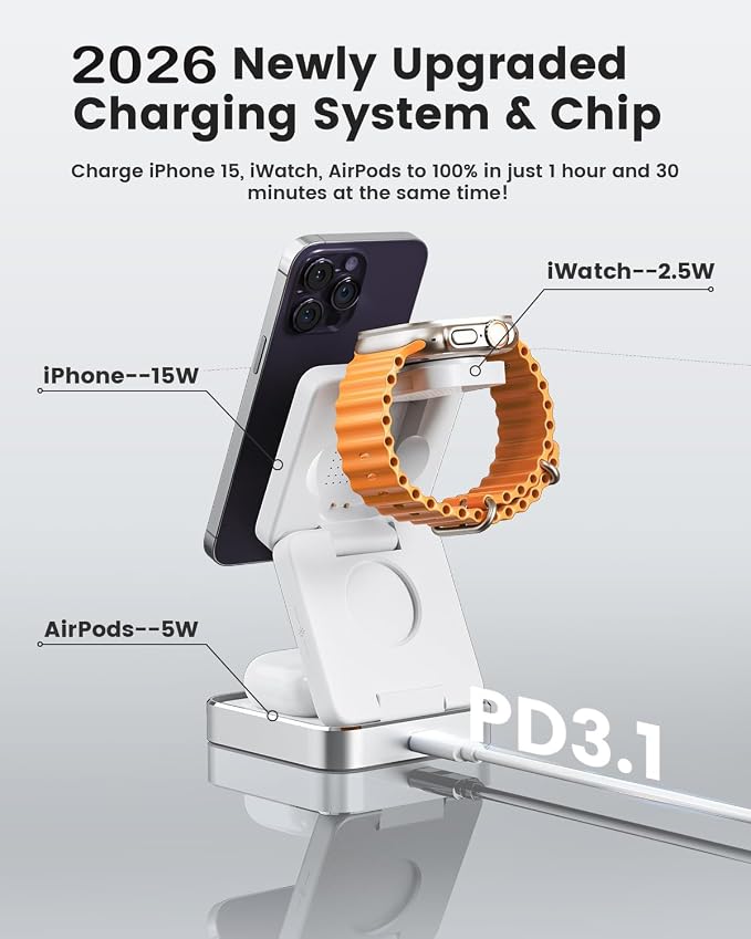 3 in 1 Wireless Charging Station Magnetic Wireless Charger,Portable Foldable Travel Essential with Nightlight Fast Charger Stand for iPhone 17 Pro Max/17 Pro/17Air/17/16/15/14/13,AirPods&Apple Watch