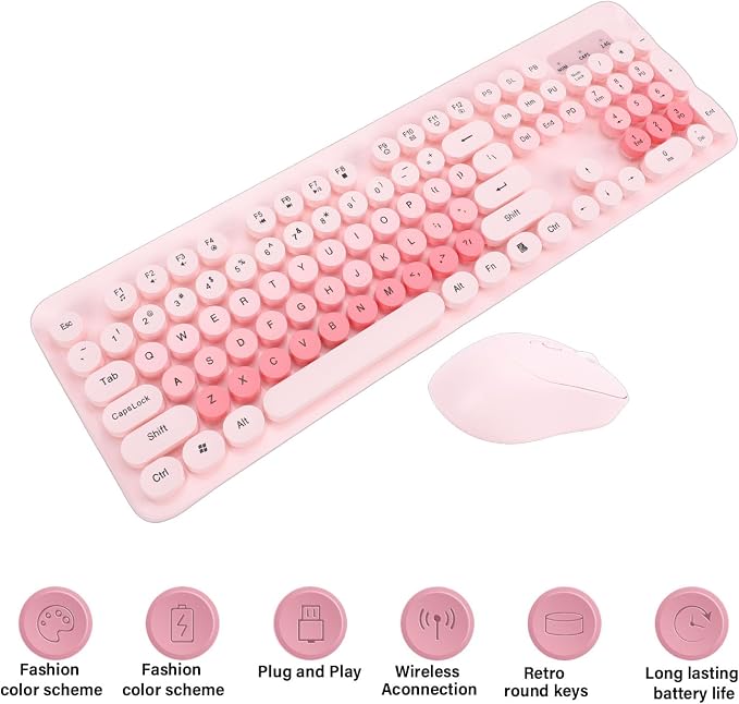 Wireless Keyboard and Mouse Combo, 2.4GHz Plug and Play with Retro Typewriter Style Round Keycaps, 104 Keys with Numeric Pad, for PC Laptop Desktop (Pink)