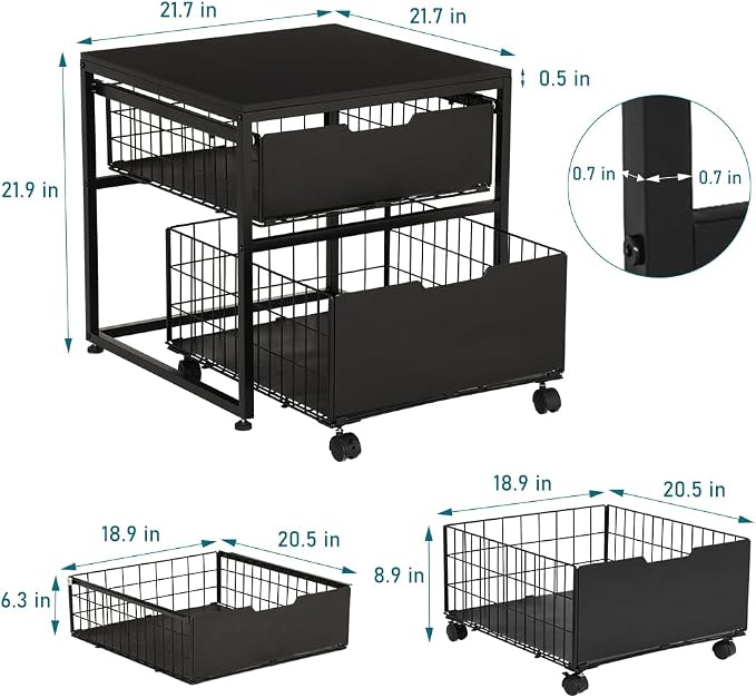 KELIXU Mini Fridge Stand with Storage Drawer, Small Refrigerator Cart with Wheels, Heavy Duty Microwave Stand, 21.7" L x 21.7" W Mini Fridge Cabinet for Dorm, Home, Office, Hold 300 LBS, Black
