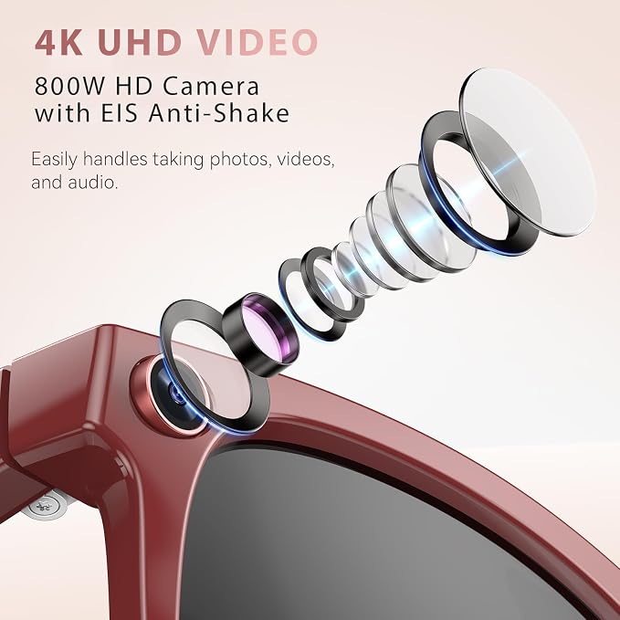 EarlySincere 2026 Ai Smart Glasses for Men Women, 8mp 4k Hd Camera Glasses, 410mah Battery, Supports Photo/Video/Audio Recording, Ai Voice Control, Ai Glasses with Bluetooth Calling(Porto red)