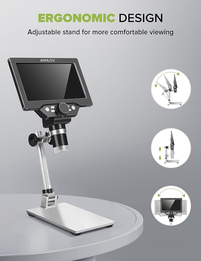 7" LCD Digital Microscope ANNLOV 1200X Maginfication 1080P Coin Microscope with Metal Stand,12MP Ultra-Precise Focusing Video Camera for Adults,8 LED Fill Lights Windows/Mac Compatible