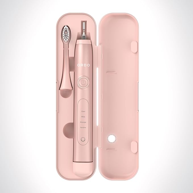 ORDO Sonic+ Electric Toothbrush with Case, Sonic Toothbrushes for Adults, Charging Travel Case, 4 Brushing Modes, Fast Rechargeable Battery, Silicone Polishing, USB Charger, Rose Gold