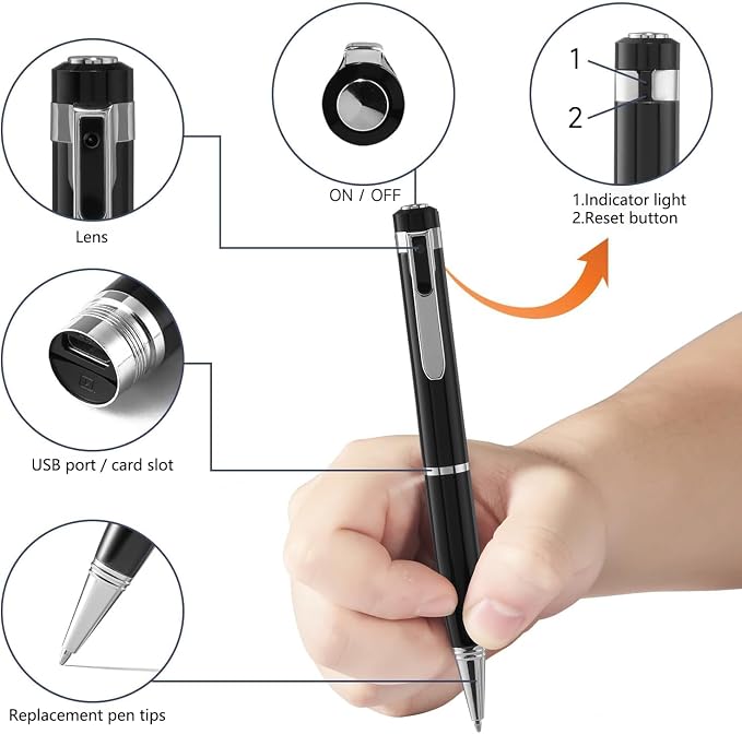 SRVR Hidden Camera Pen — 1080P Spy Pen Camera with Video Recording | 32GB Local Storage, 120-Min Battery, Portable Mini Body Camera | For Meeting & Home Monitoring (Bright Silver)