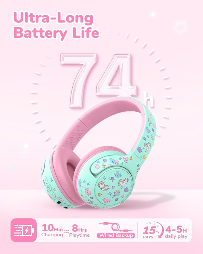 iClever BTH27 Toddler Headphones for 2+ Year Old-CPC Certified, 75/80dBA Safe Volume Limited, 74H Playtime, Bluetooth 5.4, BPA Free, Kids Bluetooth Headphones Aux Cord for Travel iPad, Green/Pink