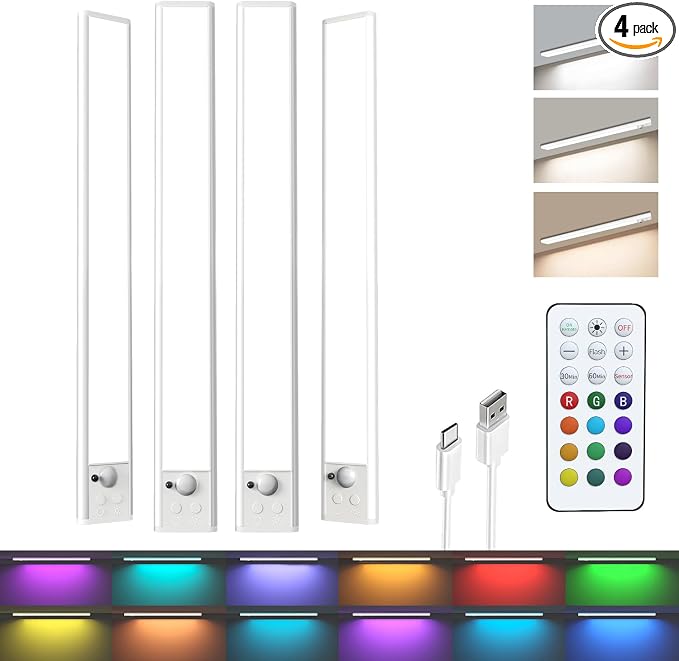 long-stars Motion Sensor Under Cabinet Lighting, 1500mAh Rechargeable RGB Light Bar with Remote, 15 Colors Dimmable LED Night Light, Timer & Wireless for Kitchen Counter, 4 Pack
