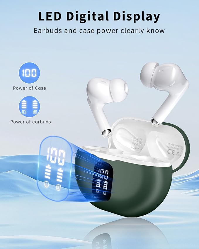 XIAOWTEK Wireless Earbuds, 2026 Bluetooth 5.4 Headphones Bass Stereo Ear Buds with Noise Cancelling Mic, LED Display in Ear Earphones 50H Playtime Ear Buds, IP7 Waterproof for Laptop Pad Phones Green
