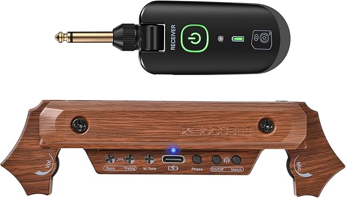 Wireless Acoustic Guitar Pickup Rechargable Magnetic And Microphone Soundhole Pickup For Acoustic Guitar Build-In Volume Control(Wood Grain)