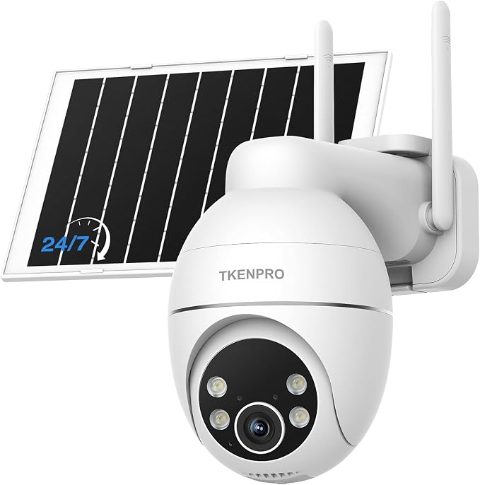 TKENPRO Solar Security Cameras Wireless Outdoor, 2.4GHz Wi-Fi, 24/7 Continuous Recording, Human Auto Tracking, Outdoor Camera Wireless with 2K Color Night Vision, 360° Panoramic View