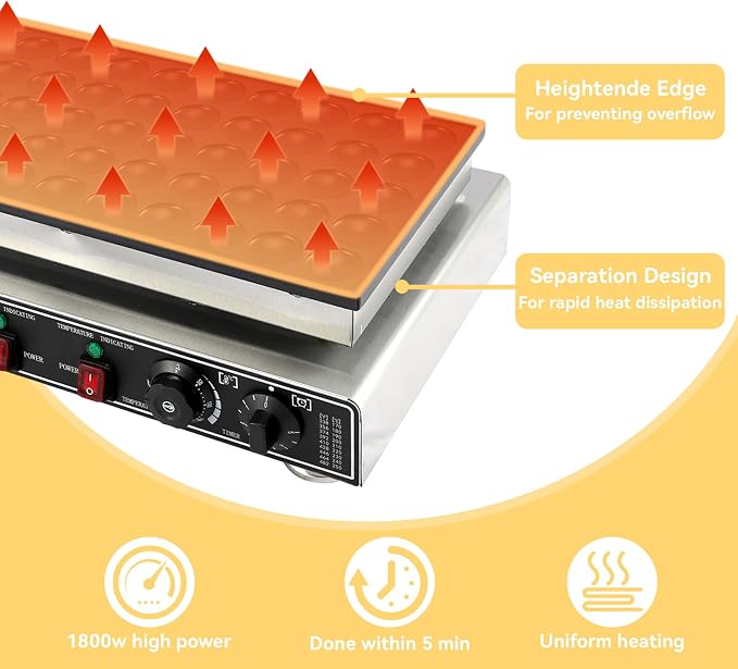 Commercial 50-Piece Mini Dutch Pancake Maker, 1800W Electric Non-Stick Griddle, Adjustable Temp & Timer, Even Heating, Stainless Steel, with Lid, Ideal for Poffertjes, Dorayaki, Restaurant & Home Use
