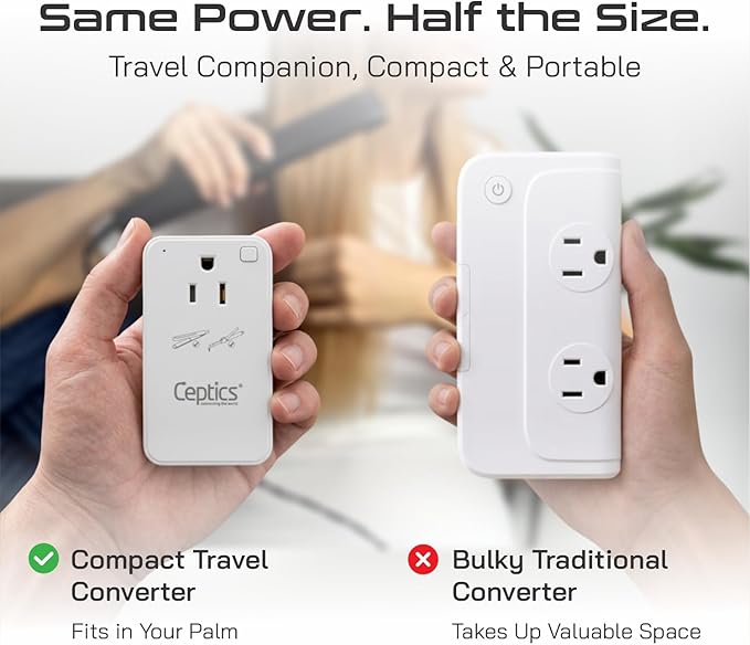 Ceptics Step Down Voltage Converter US to Europe - 200W Convert 220V to 110V for Curling Iron, Straightener, Charger – USB-A & C Fast Charging – SwadApt Type A, B, C, E/F, G, I Included