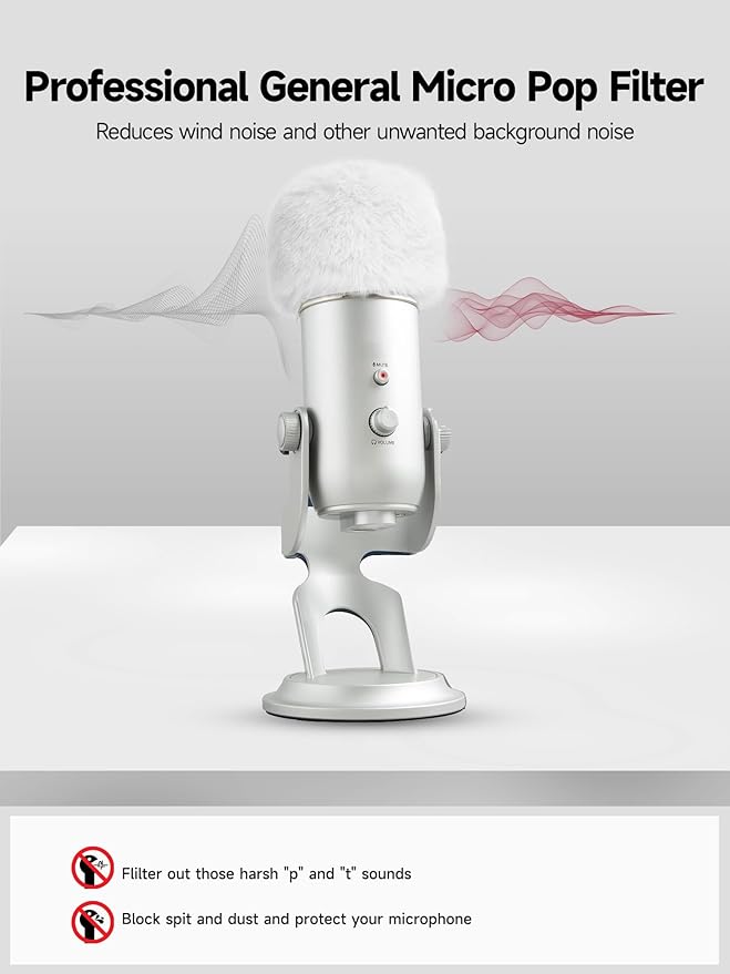 YOUSHARES Blue Yeti Pop Filter - Microphone Cover, Furry Wind Muff, Mic Windscreen for HyperX SoloCast | Yeti | Nano | Fifine AM8 | Razer Seiren / V3 Mini and More USB Mics, White