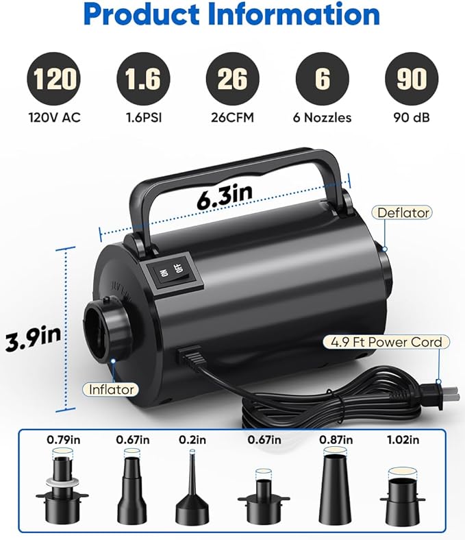 Electric Air Pump with Hose for Inflatables, High Power Inflator Deflator Blow Up Pump with 6 Nozzles, Pool Toy Float Pump for Pool Floats, Air Mattress, Toys, Gym Mat, 320W, 1.5PSI, 120V AC