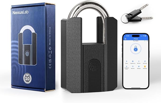 NexusLab Fingerprint Padlock, Heavy-Duty Outdoor IP67 Waterproof, 3-Way Unlock (Fingerprint/App/2 Keys), Bluetooth App Control & Logs, USB-C Charging, Stores 50 Prints, for Gate Shed Fence Storage