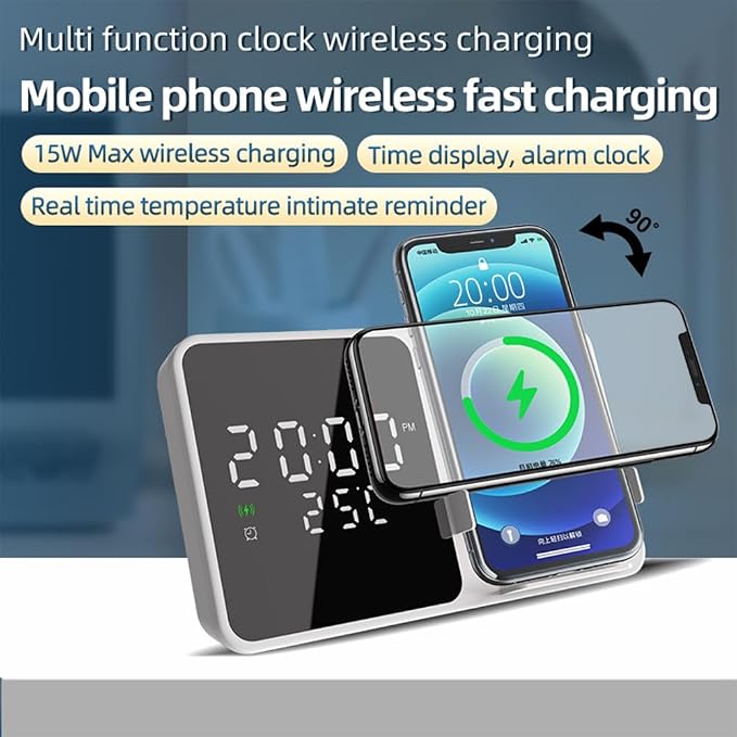 IHAO Multifunctional Alarm Clock with Wireless Charging for Phone 15W Fast Charger Large LED Display Temperature Phone Bracket for Bedside & Desk-W5 White