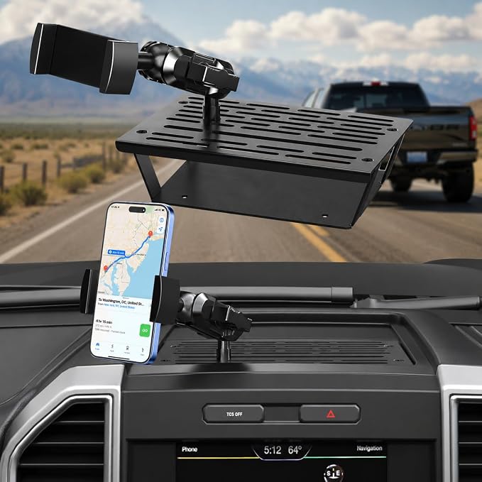 Surfcabin No Punching Required Dash Phone Holder, Compatible with 2015-2020 F150 2017-2022 F250 F350, Metal Cellphone Mounting Bracket Stand for Most CellPhones (Clip Type)