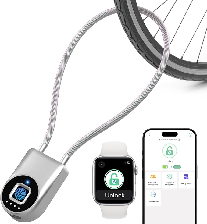 eLinkSmart Fingerprint Padlock, Fingerprint Cable Lock with Bluetooth APP Contral, 15'' Waterproof Keyless Smart Cable Lock Heavy Duty Anti Theft for Bike, Outdoor, Fridge, Gate, Fence, Silver
