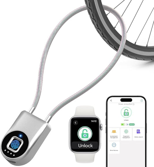 eLinkSmart Fingerprint Padlock, Fingerprint Cable Lock with Bluetooth APP Contral, 15'' Waterproof Keyless Smart Cable Lock Heavy Duty Anti Theft for Bike, Outdoor, Fridge, Gate, Fence, Silver
