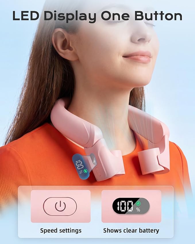 ChillGo 5th Gen Neck Fan with Dual Motor 200% Strong Airflow - 8000mAh Portable Fan, Personal Fan with Adjustable Airvents,Quick Charging,4 Speeds, Cooling Fan for Travel, Gift for Father Women,Pink