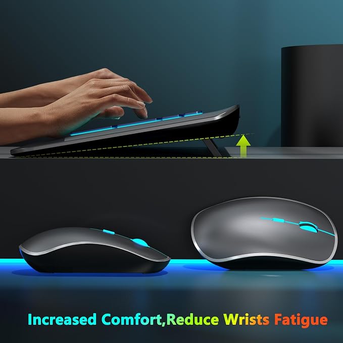 JOYACCESS Silent RGB Backlit Wireless Keyboard Mouse Set, Rechargeable 3000mAh Keyboard, Ergonomic Wrist Rest, 2.4G USB‑A/C, for PC Mac Laptop Office - Space Gray