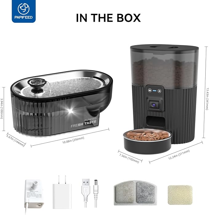 PAPIFEED Automatic Cat Feeder and Water Fountain Stainless Steel, WiFi Timed Auto Cat Feeder with Camera & App, Cat Food & Water Dispenser, Quiet Pet Drinking Fountain with LED, Smart Dog Feeder Set