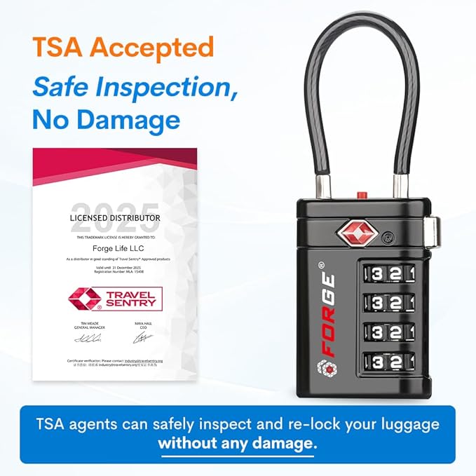 Forge Open Alert TSA Approved Luggage Locks, 4 Digit Combination TSA Travel Locks with TSA008, Zinc Alloy Body for Luggage, Suitcase, Backpack, and More. Black 2 Locks.