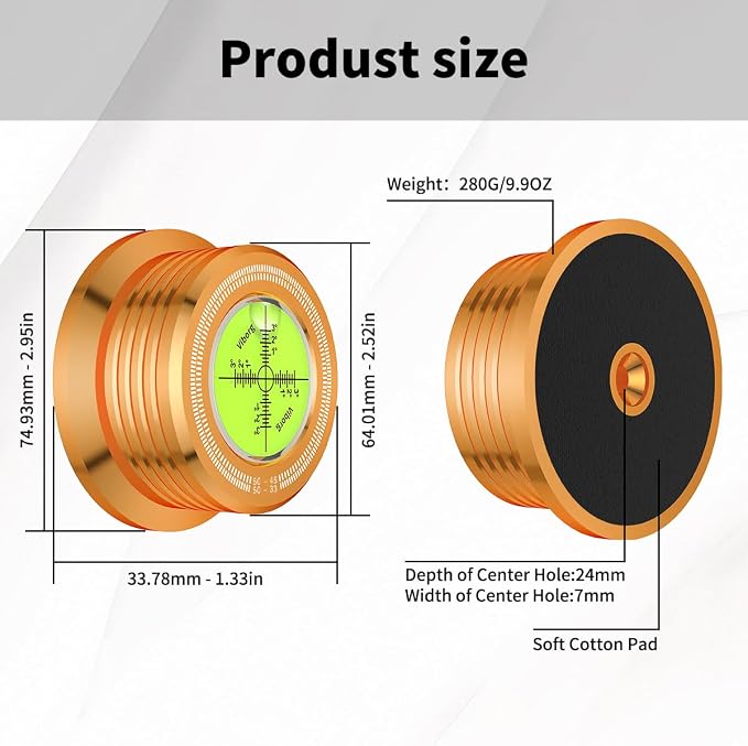 Viborg LP528G Turntable Stabilizer Phono LP Record Weight, Gold 50Hz Vinyl Record Player Clamp, 280G (9.9 OZ) HiFi 3 in 1 Turntable Level with Bubble Leveling for Vibration Balanced (50Hz, Gold)