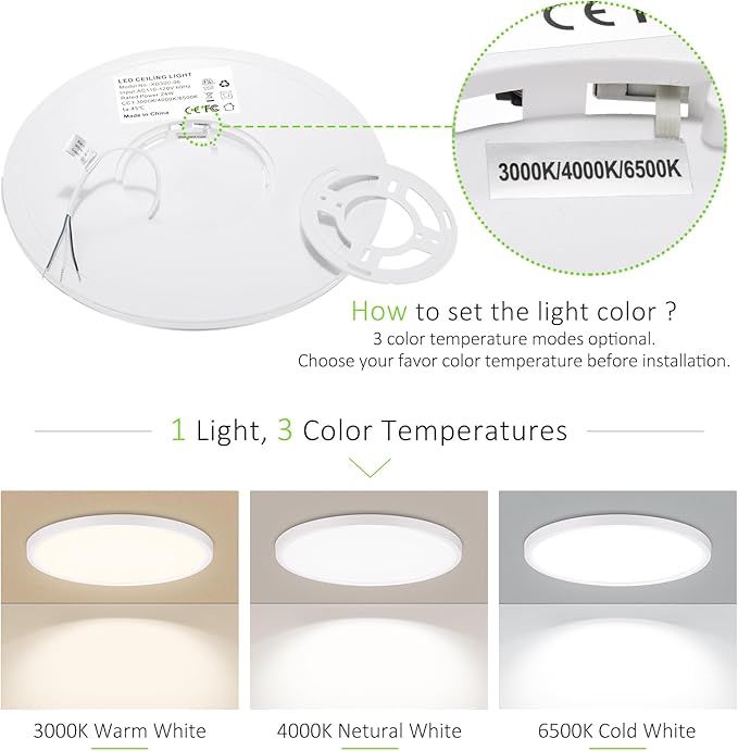 4 Pack LED Flush Mount Ceiling Light, 24W Ultra Thin Round White 3000k/4000k/6500k 3 Color Temperatures Adjusted 12 Inch Modern Ceiling Lights for Bedroom Bathroom Kitchen, Wired