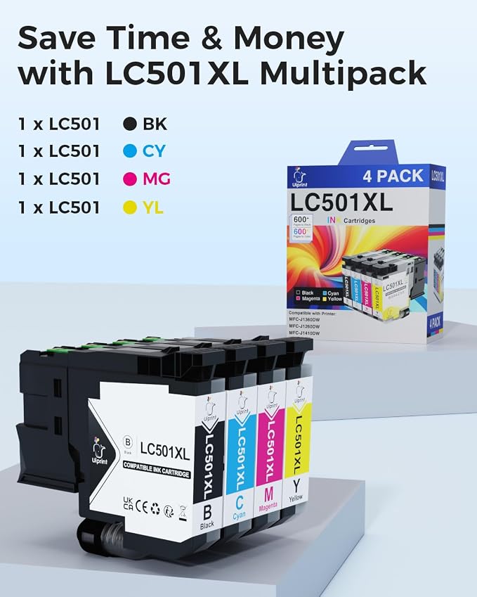 LC501XL High Yield Ink Cartridges Compatible with Brother LC501XL LC501 Series Inks for Brother Printer MFC-J1360DW MFC-J1410DW MFC-J1260W, LC501XL4PK Up to 2400 Pages (Black, Cyan, Magenta, Yellow)
