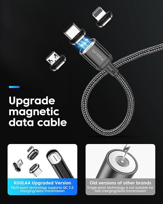 Kuulaa 3Pack Magnetic Charging Cable Magnetic Lightning Cable Magnetic Phone Charger 3A Fast Charging with 3 in 1 Charging Tips Nylon-Braided Phone Cable Compatible for All Device