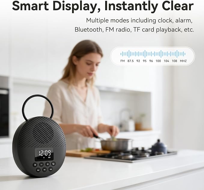 Shower Radio Speaker with Bluetooth 5.4, AGPTEK Waterproof Wireless Bathroom FM with Suction Cup 12H Long Playback Time, Lanyard, LCD Screen Display, Handsfree Calling, Storage Card Playback (Black)