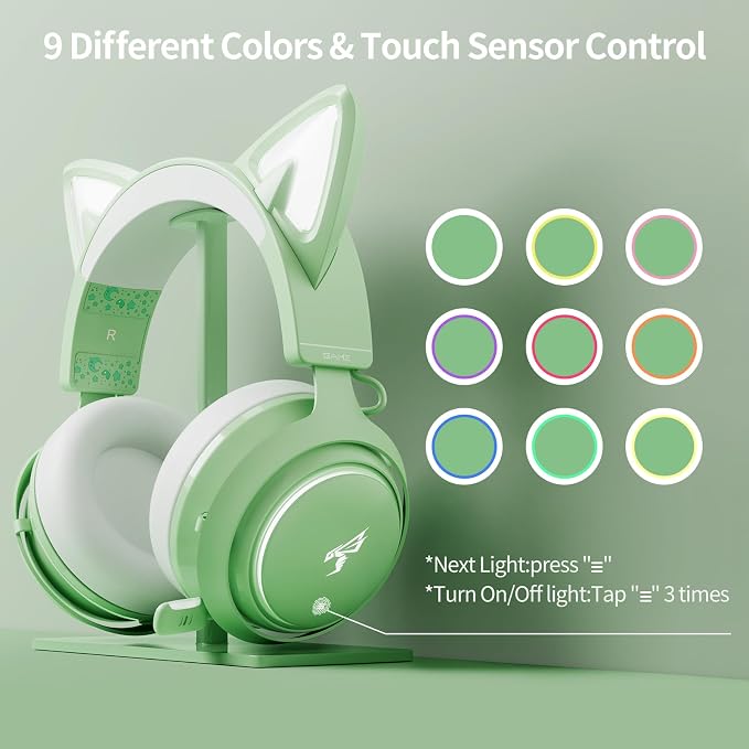 EASARS Cat Ear Headphones, Gaming Headset (Wireless, Green)