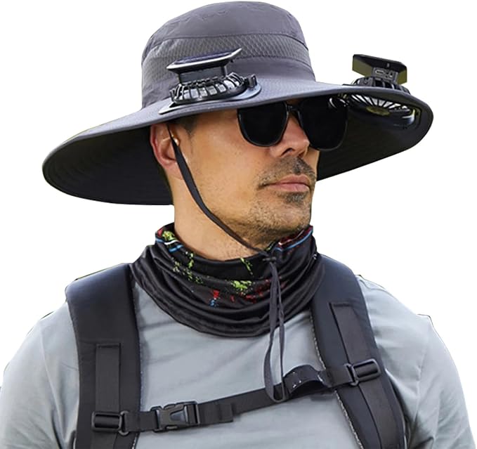 Solar Powered Fan Hat with 2 USB Solar Charging Removable Fans Wide Brim Sun Hat for Outdoor Fishing, Hiking Gardening