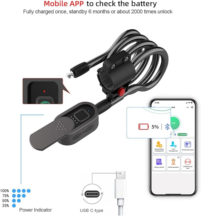 Fingerprint Bike Cable Lock, eLinkSmart 59'' Waterproof Heavy Duty Electric Smart Cable Lock with Key App iWatch Unlock for Bicycle Scooter Motorcycle Door Fence Gate Phone