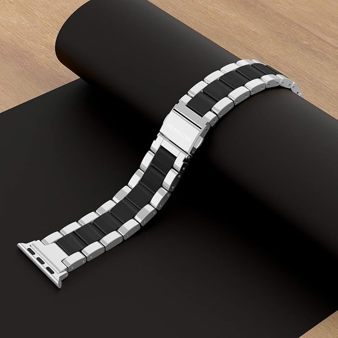 Wearlizer Compatible with Apple Watch Bands 38/40/41/42mm Mens Womens Replacement Strap Silver Stainless Steel & Black Resin Wristband Fashion Metal iWatch Series 11 10 9 8 7 6 5 4 3 SE/Ultra 3 2 1