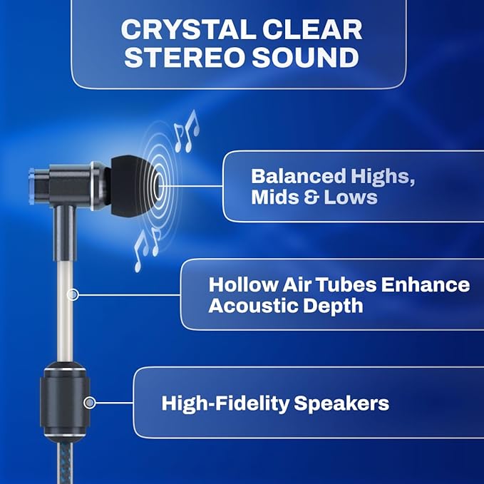 DefenderShield Air Tube Stereo Earbuds USB-C - Universal Acoustic Wired Headphones with Mic & Volume Control