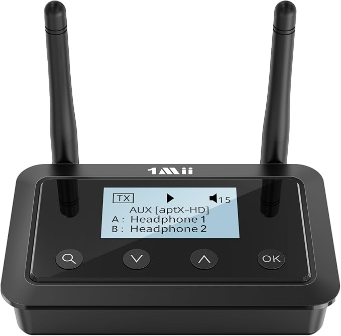1Mii B03+ Bluetooth 5.3 Transmitter Receiver for TV Home Stereo, aptX Low Latency & HD & Adaptive, Dual Link, Wireless Audio Adapter with Screen, Optical, RCA or AUX 3.5mm Port, Soundbar Passthrough