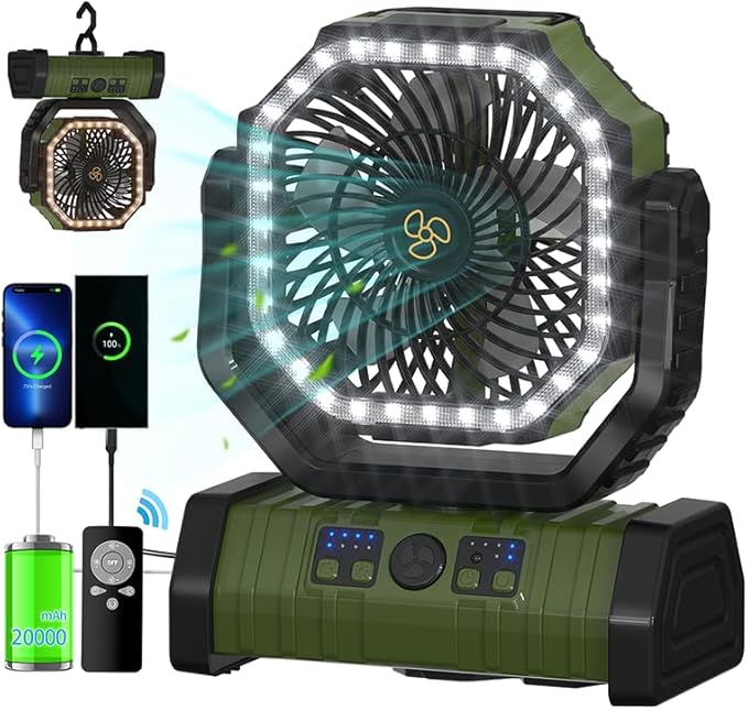 ADUST Camping Battery Powered Fan with LED Light 20000mAh Rechargeable Portable, Oscillating Cordless USB Desk Fan with Rotation Hanging Hook for Tent, Canopy, Beach, Outdoor Travel(Green)