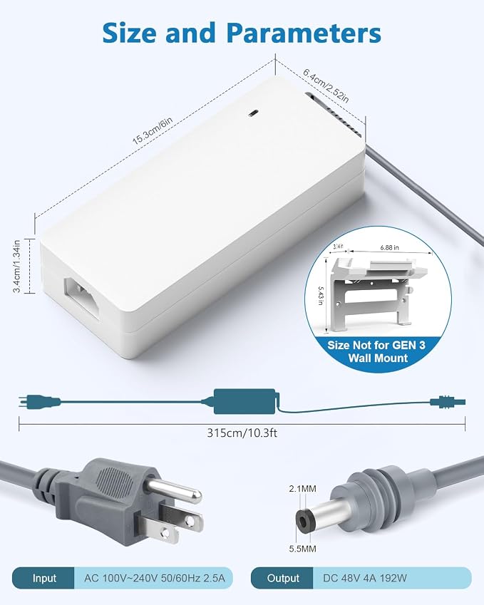 Starlink Power Supply for Gen 3 & Mini UL Listed Starlink Gen3 Mini Charger 48V 4A 192W Power Cord 100~240V AC to DC Adapter Starlink Accessories 10FT 18AWG Cable, Flame-Retardant Shell