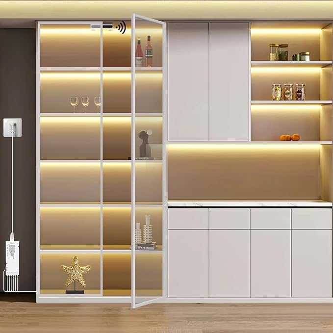12V COB LED Strip Light,6 -in-1 Door Sensor Control LED Under Cabinet Lighting,3.3Ft 3000K Warm White Shelf Lighting Strip for Wine Cabinets, Shoe Racks, Display Cabinets, Kitchen Cabinets