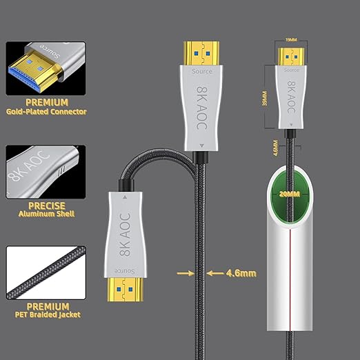 HDMI Fiber Optical Cable 65Ft, High Speed 48Gbps HDMI 2.1 Cord Support with 8K@60Hz 4K@120Hz Dynamic HDR10,eARC,HDCP2.2
