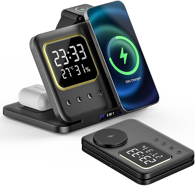 IHAO 5in1 Multi Functional Wireless Charging Station Digital Clock 15W Fast Charging Temperature Display Wireless Charger for All Qi Phone and TWS Headphone Compliant with Apple Watch-DH15 Black