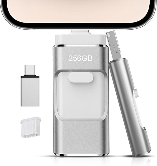 256GB Flash Drive[No App Required] Intended for Phone Tablet Androidphone and Computers, 4 in 1 Photo Stick for Phone Memory Storage Easily Backup Photos Videos（Silver）