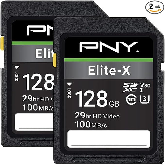 PNY 128GB Elite-X Class 10 U3 V30 SDXC Flash Memory Card - 100MB/s, 4K UHD, HD, UHS-I, Full Size SD (Pack of 2)