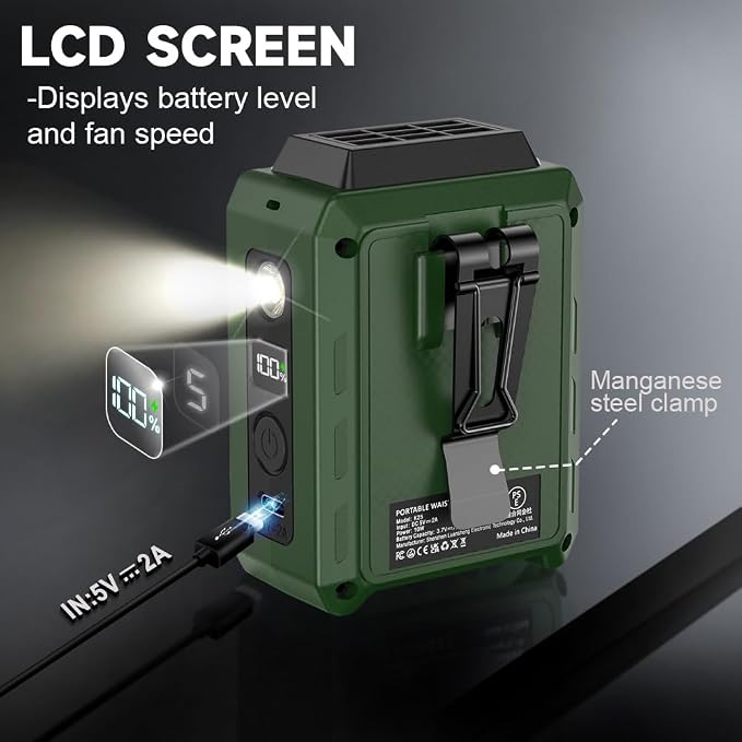 CAZOKASI Wearable Waist Clip Fan with Lighting Desktop Stand 16000rpm Runtime upto 20 hours (5000mAh / Green)