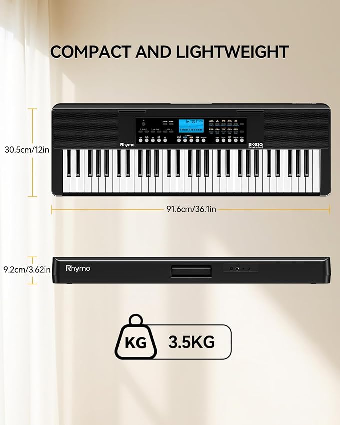 Rhymo 61 Key Electronic Piano Keyboard for Beginners with 450 Tones, 120 Demo, 150 Rhythms, Touch-Sensitive Full Size Portable Keyboard Piano Includes Sheet Stand, Earbuds, Note Stickers