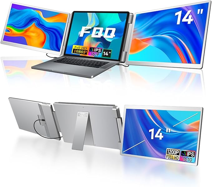 14" Laptop Screen Extender, FHD IPS Dual Screen Portable Monitor for Laptop, USB-C/HDMI Plug & Play Triple Screen Monitor Extender for 12"-16.5" Laptops, Compatible with Win and MacOS-S7,Gray